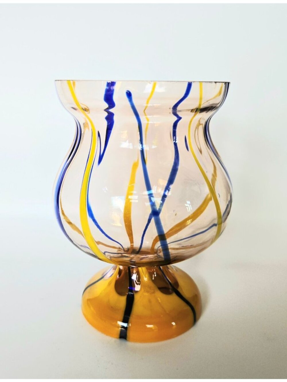 Handblown Kralik Multicolor Glass Vase With Yellow & Blue Swirl Design 6 Inches